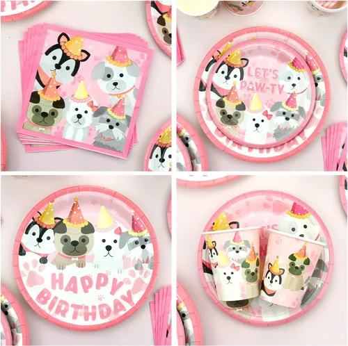 Miniatura 4 de Decoraciones de fiesta de perro, suministros de vajilla de fiesta de cumpleaños con diseño de pata de cachorro rosa, incluye platos llanos de 9