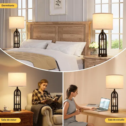 Miniatura 3 de Seealle Juego de 2 Lámparas de Mesa para Sala de Estar - Lámpara de Noche de Aspecto de Madera para Dormitorio con USB C+A y Enchufe, Lámparas