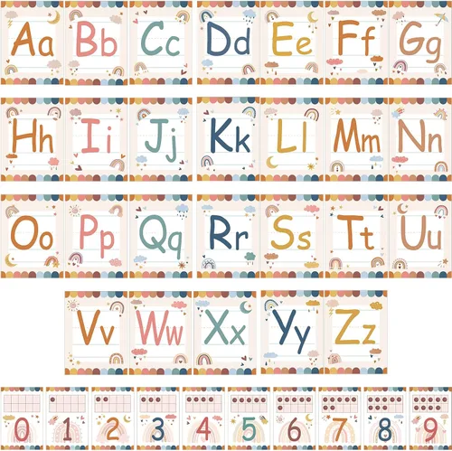 Miniatura 7 de Juego de 36 tablones de anuncios con números del alfabeto bohemio, tarjeta del alfabeto ABC y tarjeta de números del 0 al 9, decoración de pared