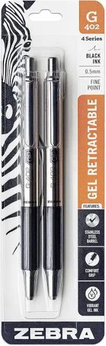 Zebra Pen - Bolígrafos de gel retráctiles STEEL G-402 - Punta fina de 0.020 in - Tinta negra lisa - Tinta de secado rápido para evitar manchas ni