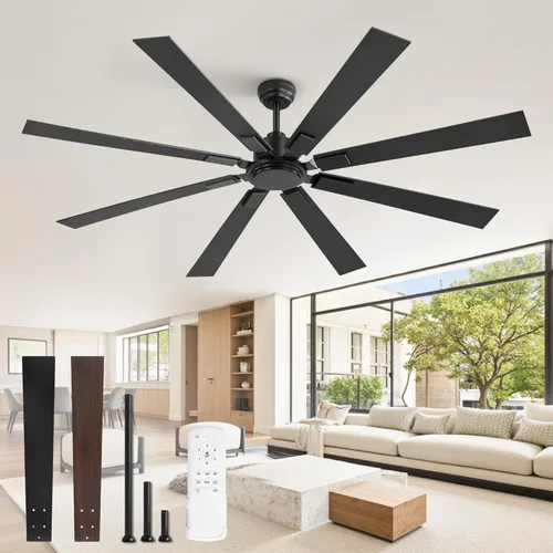 Ventilador de techo de 72 pulgadas sin luz con control remoto, ventilador de techo grande negro sin luz con motor DC reversible silencioso, 6