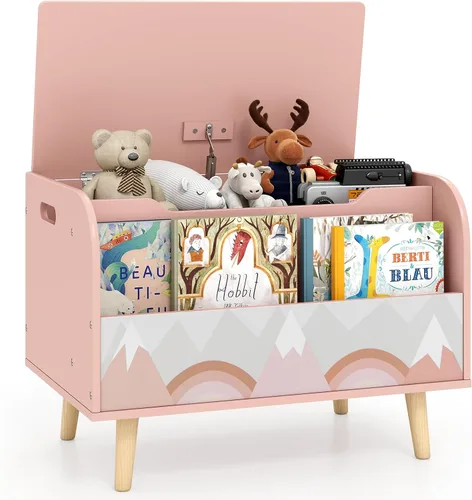 Miniatura 10 de Costzon Caja de juguetes para niños, organizador de almacenamiento de juguetes móvil de madera con estantería y ruedas con cerradura para niñas