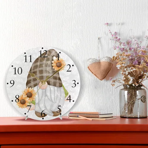 Miniatura 4 de Reloj de pared de gnomo de girasol, silencioso, sin tictac, arte moderno, redondo, reloj de pared colgante con pilas, para cocina, sala de estar