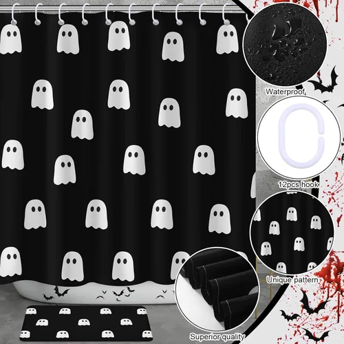 Miniatura 4 de Juego de 6 cortinas de ducha fantasma de Halloween de 72 pulgadas con 12 ganchos, alfombra antideslizante, cubierta de tapa de inodoro, toalla