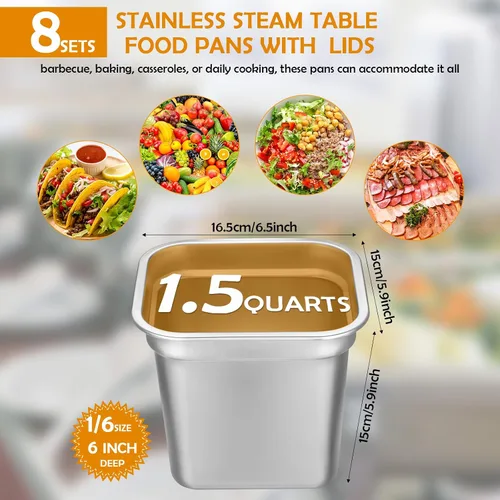Miniatura 2 de 8 sartenes de mesa de vapor de hotel de tamaño 1/6 con tapas, recipientes de alimentos de acero inoxidable y cubiertas de plástico PP, sartenes