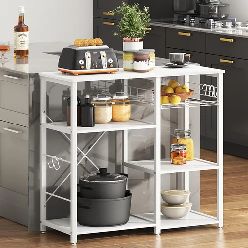 Miniatura 10 de SDHYL Barra de café, estante para panaderos de 35 pulgadas, soporte para microondas con 5 estantes de almacenamiento, ganchos colgantes, estantes