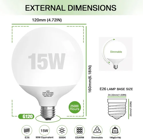 Miniatura 2 de Bombilla LED, bombillas globo G120, bombillas de 15 W, bombilla regulable de luz diurna de 5000 K, lámpara grande con base E26, 1100 lúmenes