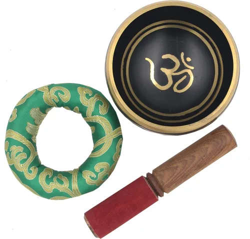 Miniatura 4 de DharmaObjects - cuenco para cantar el Om de la paz, para meditación relajante de yoga. Juego de almohadilla de seda, juego de martillo de Negro