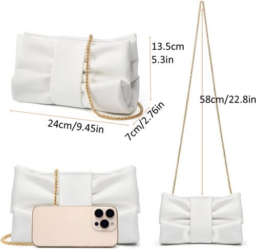 Miniatura 4 de Elegante bolso de mano con lazo para mujer, suave y plisado, bolsa de noche de poliuretano con cadena desmontable para fiesta de graduación, boda