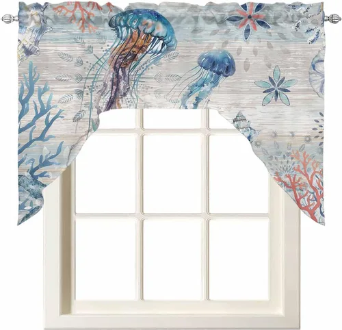 Miniatura 12 de Cortinas de cocina con cenefa de cangrejo oceánico, cenefa con bolsillo para barra, paneles de cortina para dormitorio, sala de estar, baño
