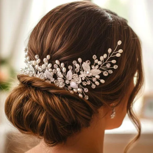 Miniatura 5 de Flower Bride Wedding Hair Vine - Tocado de novia de hoja de plata, accesorios para el cabello de perlas para mujeres y novias