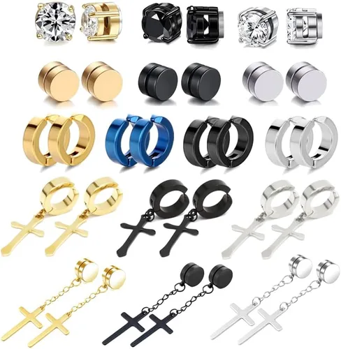Juego de 16 pares de aretes tipo dormilona para hombres y mujeres, de acero inoxidable 316L, aretes de aro colgantes de clip sin perforar, aretes de