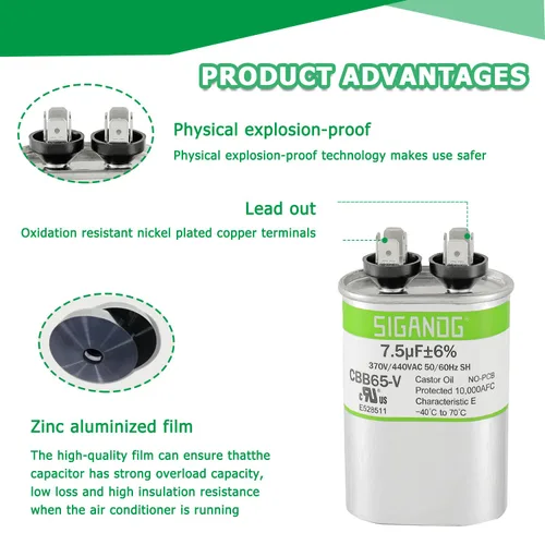 Miniatura 4 de 7.5uF 7.5 MFD 370V o 450V CBB65 Capacitor de Marcha y Arranque 7.5 uF 370 450 Voltios VAC para Condensador de Solo Frío o Bomba de Calor Aire