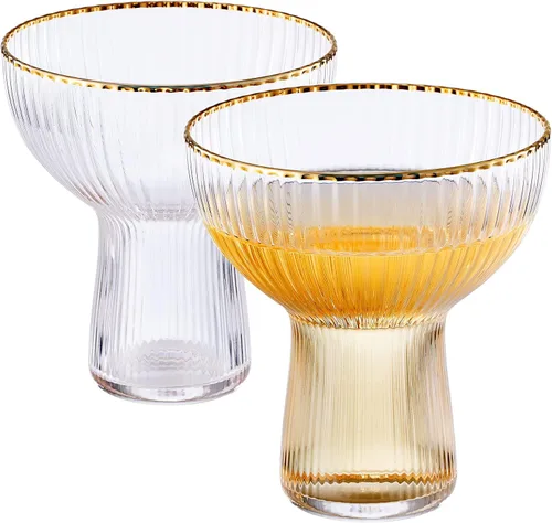 Copas acanaladas de Margarita, Martini y Champagne con borde dorado – Juego de 2 – Copa de lujo soplada a mano – Fiesta grande, elegante diseño
