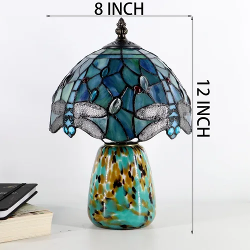 Miniatura 2 de Lámpara de mesa de hongo Tiffany estilo libélula lámpara de acento de vidrio teñido azul marino base de vidrio marrón azul 8X8X12 pulgadas