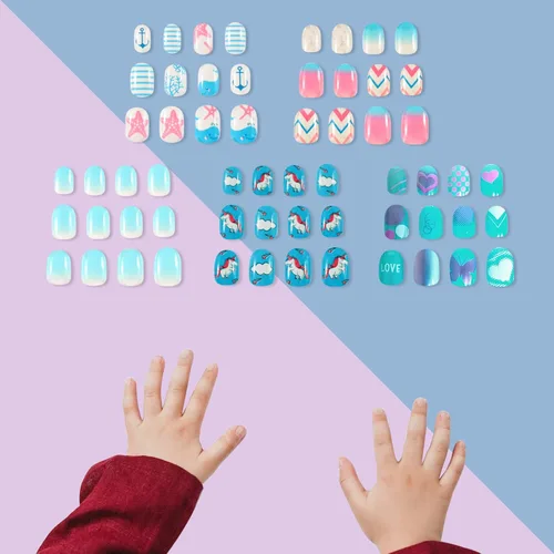 Miniatura 2 de 120 unidades de 5 uñas postizas acrílicas a presión para niños, lindo prepegamento de cubierta completa con purpurina, color degradado, arcoíris