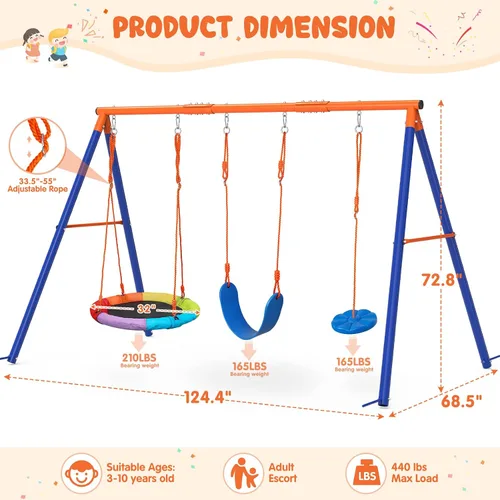 Miniatura 6 de Amictoy Juegos de columpios para patio trasero, juguetes al aire libre para niños, juego de columpio de metal resistente con marco en A con Columpio