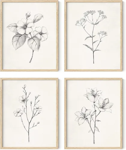 Miniatura 25 de HAUS AND HUES Arte de pared floral gris, juego de 4 pósteres de plantas para pared vintage, impresiones botánicas, cuadros de flores en blanco