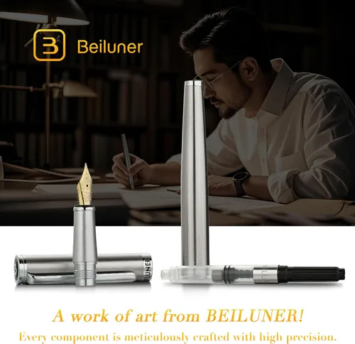 Miniatura 3 de BEILUNER Conjunto de pluma estilográfica de lujo, plumín fino sólido bañado en oro 24K, cuerpo de acero inoxidable plateado - Incluye 6 cartuchos