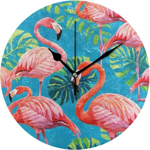 Vintage Painting Flamingos Palm Leaf Blue 10 Inch Round Small Wall Clocks Battery Operated Quiet Deco for Office Farmhouse Dining Room reloj de