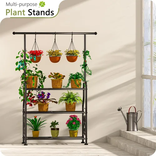 Miniatura 2 de GIOTORENT Soporte para plantas de interior, estante de metal resistente de 3 niveles para patio e interior, soporte alto para plantas que sostiene