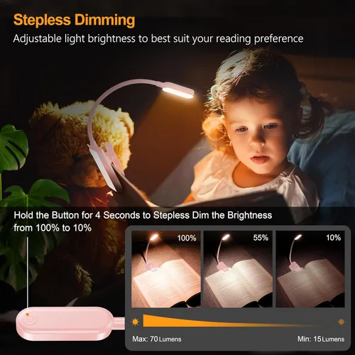 Miniatura 3 de Gritin Luz de libro recargable de 16 LED para leer en la cama, cuidado de los ojos, 3 temperaturas de color, brillo de atenuación continua, 80 horas