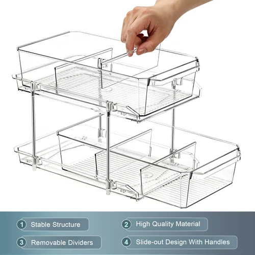 Miniatura 9 de Organizador transparente de 2 niveles con separadores para gabinete, estante, encimera - Contenedor de almacenamiento deslizable multiuso - Cajones