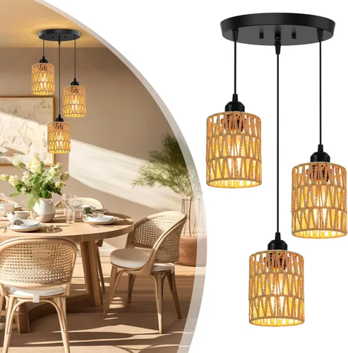 Lámpara Colgante de Ratán de 3 Luces, Lámpara Colgante Bohemia de Granja con Pantallas de Mimbre Tejidas a Mano para Comedor, Isla de Cocina,