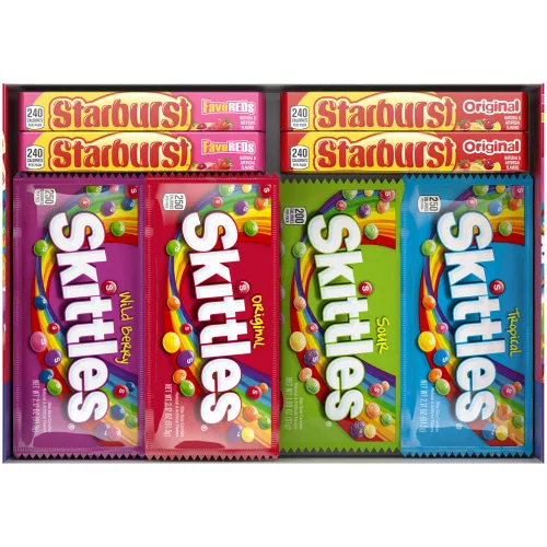 SKITTLES & STARBURST - Paquete surtido de dulces surtidos para vacaciones, regalos, fiestas, surtido de dulces, caja a granel de 62.79 onzas (30