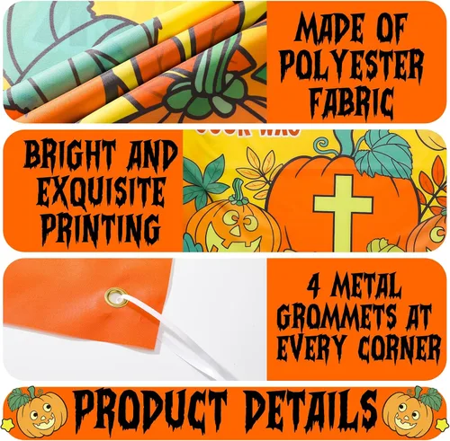 Miniatura 3 de Preboun 3 carteles de telón de fondo de calabaza cristiana de Halloween para fiestas, 40 x 60 pulgadas, decoración religiosa de tronco o trato