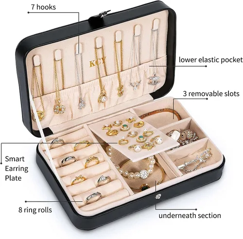Miniatura 3 de KCY Joyero para niñas y mujeres pequeño estuche organizador de joyas de viaje cajas de almacenamiento de joyas portátiles de piel sintética soporte