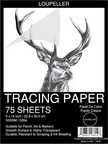 LOUPELLER Bloc de papel de calco de 9 x 12 pulgadas, 75 hojas de 32 libras y 1.76 oz, papel de calco altamente transparente sin arrugas para dibujo,