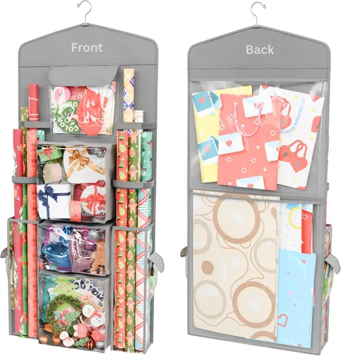 Miniatura 10 de ProPik Organizador Colgante de Papel de Regalo de Doble Cara, Almacenamiento de Papel de Regalo con Múltiples Bolsillos Delanteros y Traseros