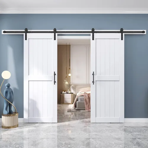Miniatura 15 de EaseLife - Puerta de granero de 48 x 84 pulgadas en blanco con kit de herrajes deslizantes de 8 pies incluido y manija, madera maciza cubierta