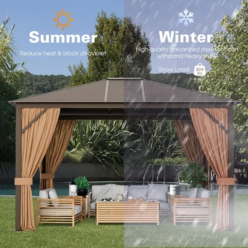 Miniatura 6 de Tangkula Gazebo de techo rígido de 12 x 10 pies, cenador de doble parte superior para exteriores con parte superior de acero galvanizado, marco