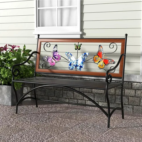 Miniatura 6 de Banco para exteriores de 39.7 pulgadas, banco de jardín, banco de patio con reposabrazos, asiento de listones y respaldo con patrón de mariposa
