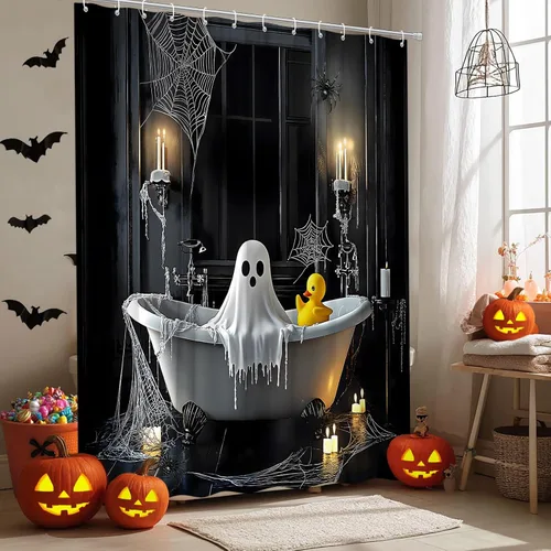 Miniatura 2 de Cortina de ducha de fantasma de Halloween, bañera de terror espeluznante, ventana gótica, telaraña, noche aterradora, decoración de baño, cortina