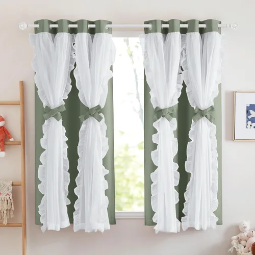 Miniatura 36 de PONY DANCE Cortinas con Volantes de Doble Capa con Superposición Transparente, Decoración Elegante para Ventanas de Diseño Rústico Francés de Campo