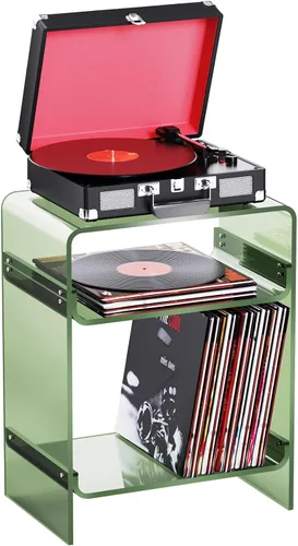 Mesa para tocadiscos de acrílico con estante de almacenamiento, mesa auxiliar transparente para noche (verde, grande)