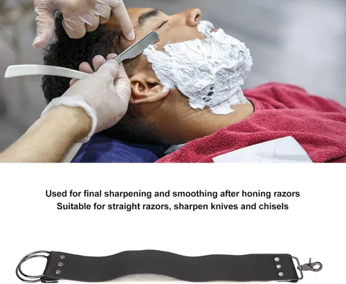 Miniatura 5 de Strop de cuero negro con ganchos de anclaje de latón para afilar cuchillos, rasurar corte recto, herramienta de limpieza duradera para maquinillas