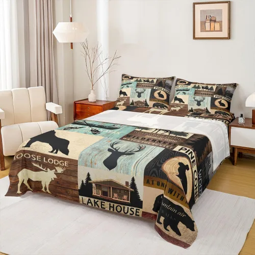 Miniatura 13 de Rustic Lodge - Juego de sábanas tamaño individual con diseño de oso y alce, diseño de retazos, color rojo y negro, a cuadros, ropa de cama de Multi
