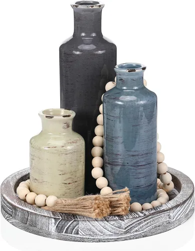Miniatura 22 de Juego de 5 piezas de centros de mesa rústicos de mesa, juego de 3 jarrones de cerámica boho con bandeja de madera para servir cuentas de madera
