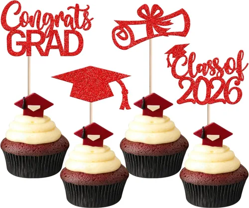 Miniatura 42 de Rsstarxi Paquete de 24 adornos para cupcakes de graduación 2026, con purpurina azul, para la clase de 2026, para diplomas, 24 piezas (6 diseños)