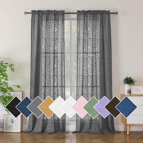 Miniatura 96 de Simplebrand Cortinas traslúcidas negras de cocina de 24 pulgadas de largo, 2 paneles, filtrado de luz, geométrico jacquard con textura, cortinas