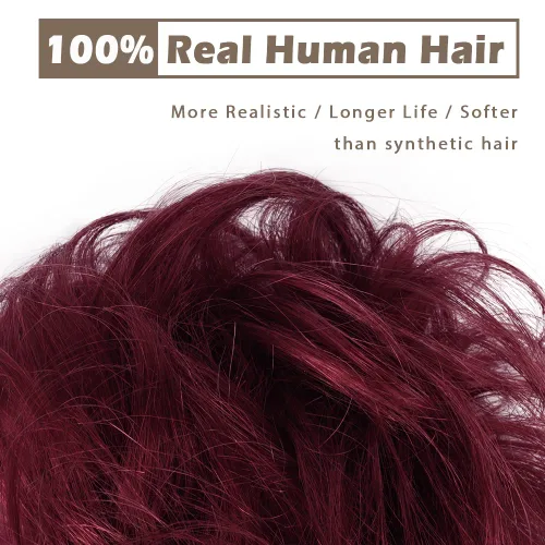 Miniatura 2 de BARSDAR Extensión de moño 100% humano – Cabello humano real rojo desordenado moño coletero para mujer – Extensiones elásticas onduladas