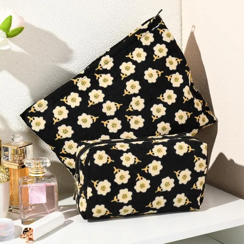 Miniatura 7 de SOIDRAM 2 Piezas Bolsa de Maquillaje con Flores, Bolsa de Cosméticos Grande de Capacidad, de Lona, Mezcla de Viaje, Organizador de Artículos de Flor