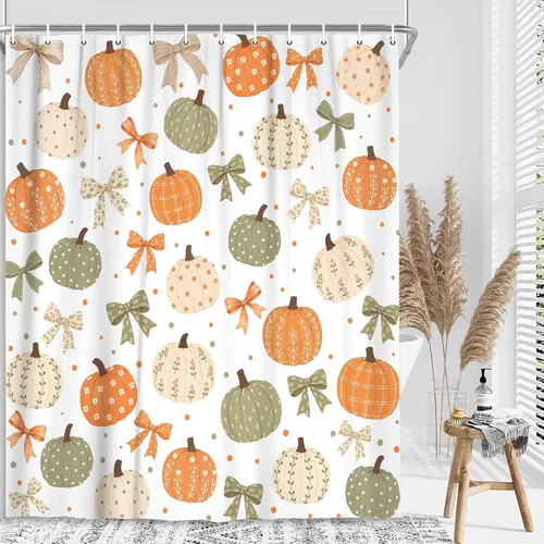Miniatura 2 de Boho Fall Pumpkin Bow Shower Curtain for Bathroom, Waterproof Thanksgiving Harvest Autumn Bath Curtain with Hooks, Washable Privacy Curtain for Kids