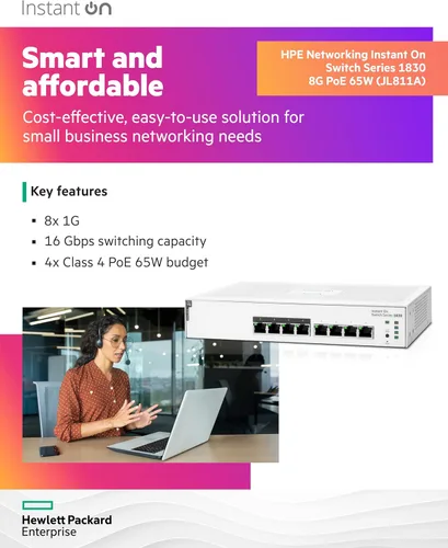 Miniatura 3 de Switch HPE Networking Instant On Serie 1830 de 8 puertos Gb Smart-Managed Layer 2 Ethernet con PoE 8X 1G 4X CL4 PoE (65 W) Sin ventilador
