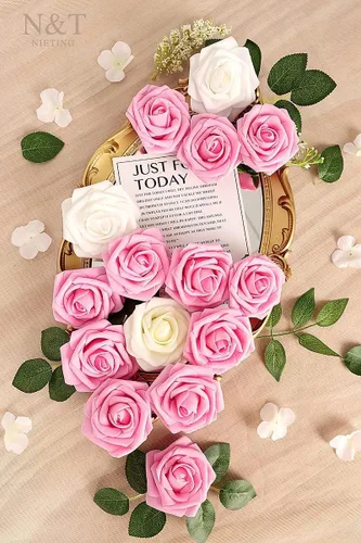 Miniatura 110 de N&T NIETING Flores artificiales, rosas artificiales de color rosa intenso, 50 piezas de flores falsas con tallo para ramos de boda DIY, centros