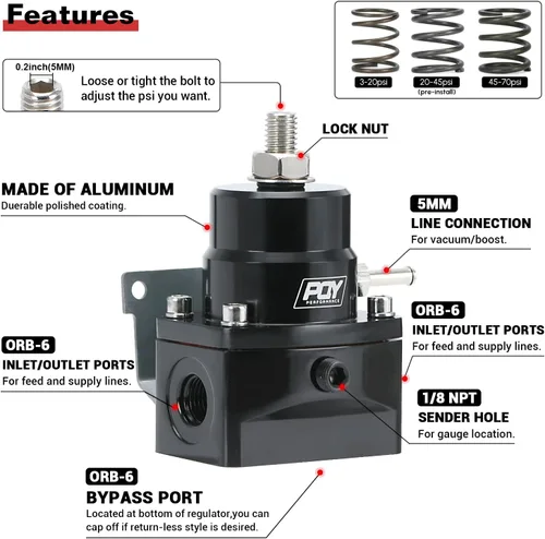 Miniatura 3 de Kit regulador de presión de combustible ajustable 3-70PSI con retorno 6AN y puerto de alimentación 6AN con conectores de mangueras de línea